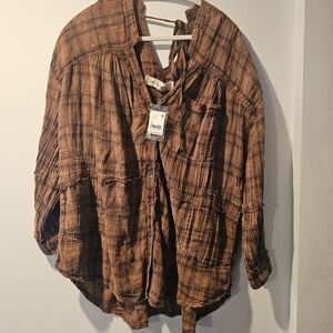 We The Free Free People Brown Plaid Gauze Button Down Top Boho NWT Size Large